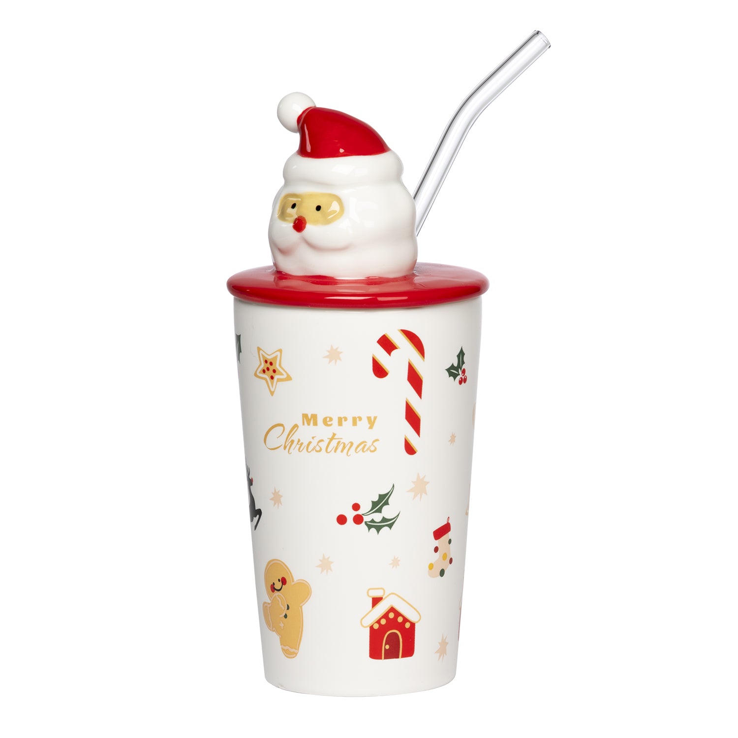 VESTIAMO CASA GRAN NATALE - Tazza Natalizia in porcellana con Tappo e cannuccia 40 cl
